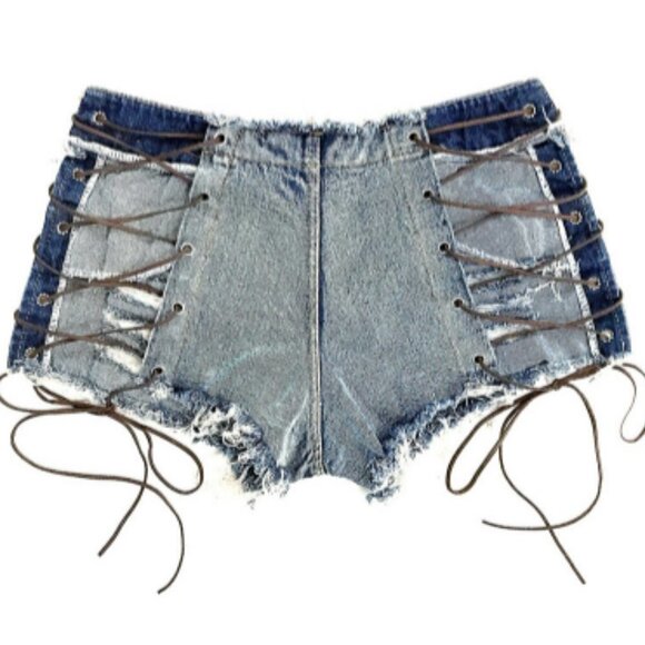 NEW Cut off Jean Shorts Side Tie Leather Denim Blue Distressed Frayed Bootie - Picture 12 of 12